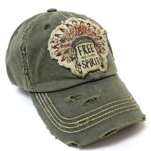 Free spirit headdress vintage distressed olive green baseball cap